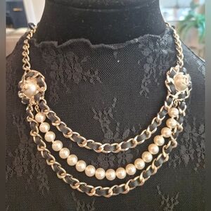 ⛔️SOLD⛔️CHANEL 18K Black Leather Faux Pearl Gold Chain Multilayerd Necklace